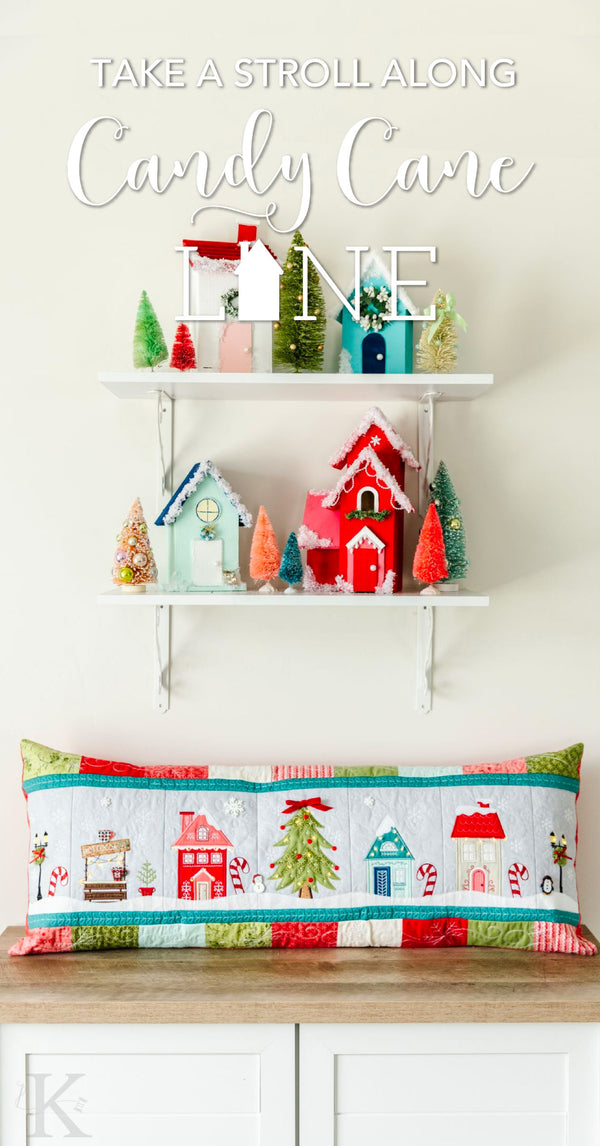 Take a Stroll Along Candy Cane Lane, Kimberbell's New Bench Pillow for Sewing and Machine Embroidery!