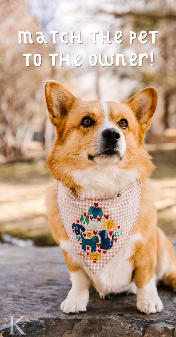 Match the Pet to the Kimberbell Owner! Celebrate Playful Pet Kerchiefs for Machine Embroidery with our Fun Matching Game.