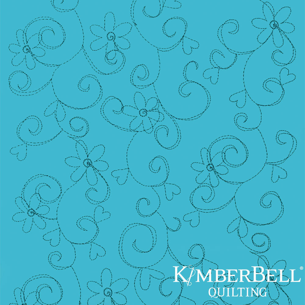 Teal fabric with floral and swirl patterns and Kimberbell Quilting logo.