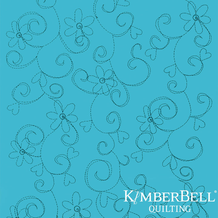 Teal fabric with floral and swirl patterns and Kimberbell Quilting logo.