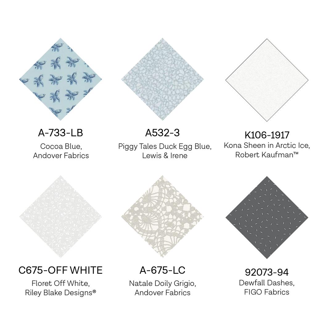 Color swatches with fabric patterns and names on a white background