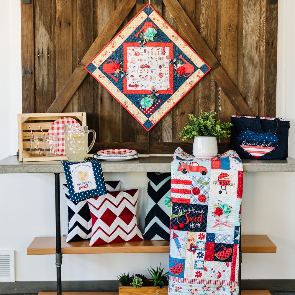 red white & bloom machine embroidery design on wall