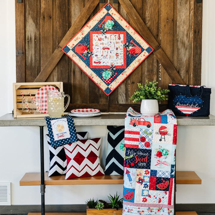 red white & bloom machine embroidery design on wall