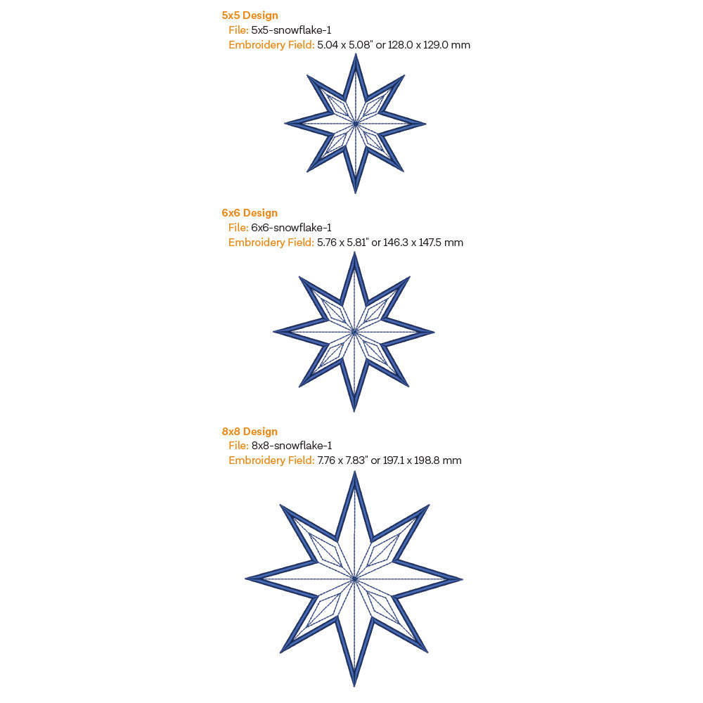 Three blue snowflake designs with embroidery field dimensions on a white background