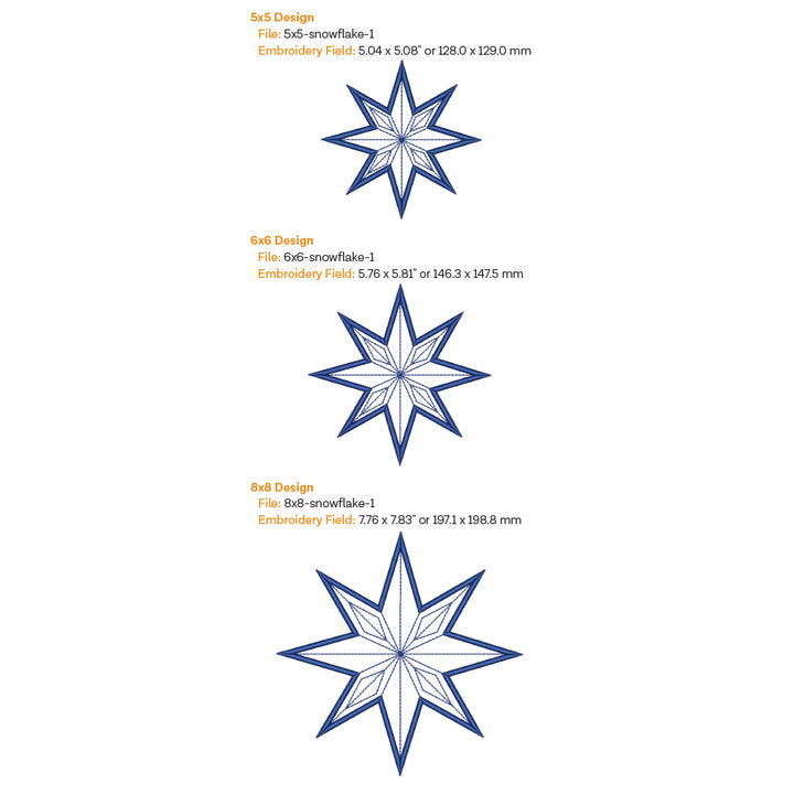 Three blue snowflake designs with embroidery field dimensions on a white background