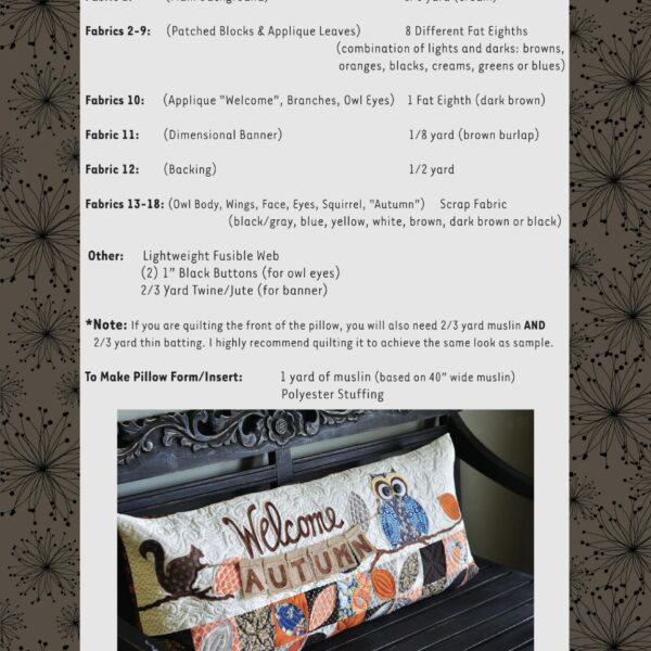 Welcome Autumn Bench Pillow, Sewing ((RETIRED)Copy)