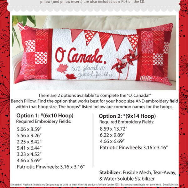 O, Canada! Bench Pillow, Machine Embroidery